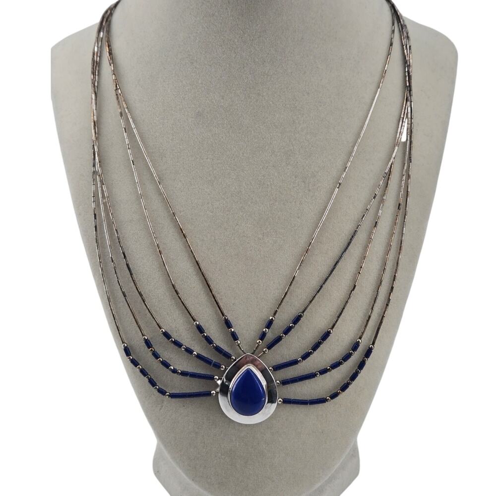 Vtg Southwestern Liquid Sterling Silver Bead Necklace Lapis Lazuli Pendant Bib